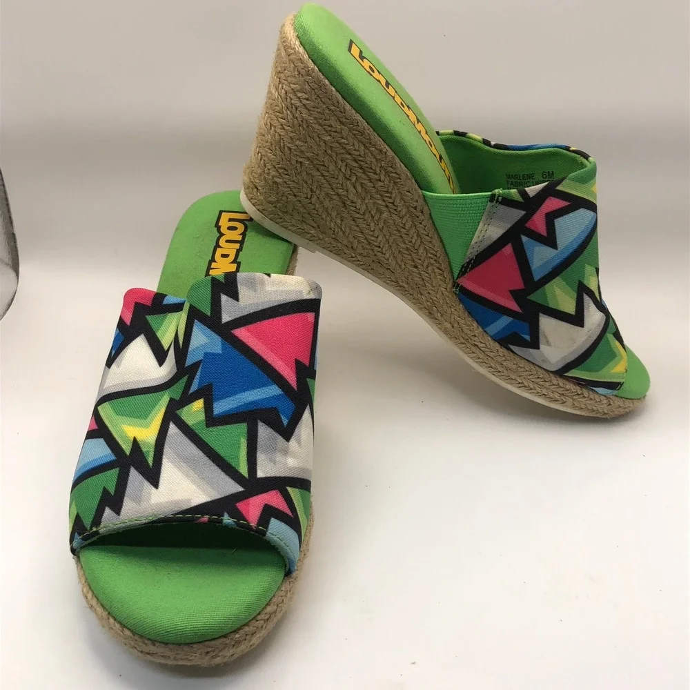 Loudmouth Marlene Womens‎ Green Geometric Print Espadrille Wedge Sandals Size 6M